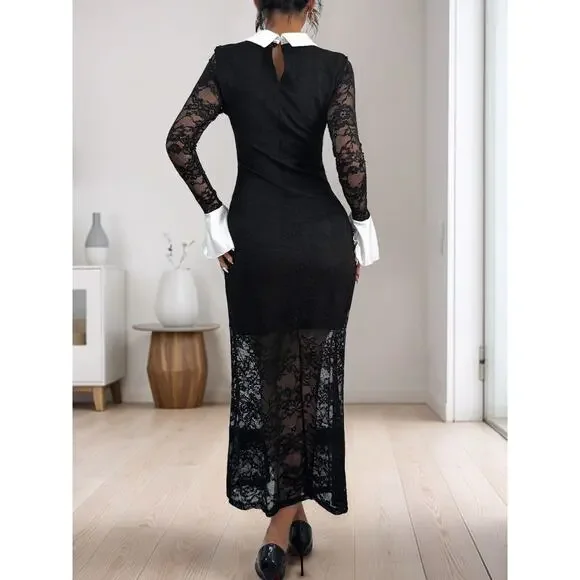 Lace Long Sleeve Collared Midi Dress - Picture 3 of 9